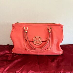 Tory Burch Pink Satchel Pebbled Leather Gold Hardware Amanda Tote Coral Orange